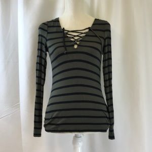 Adam Levine Green & Black Striped Long Sleeve Top